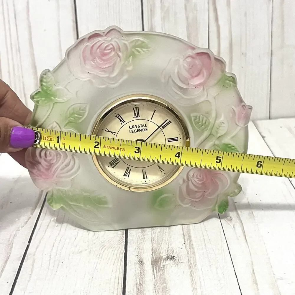 Vintage Frosted Rose Clock Shabby Chic Cottagecore Vanity Décor Pink Floral